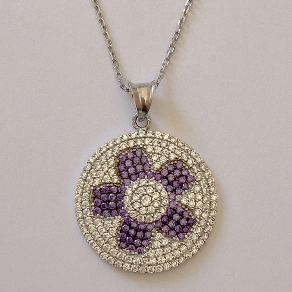 925 Silver purple flower round cz necklace